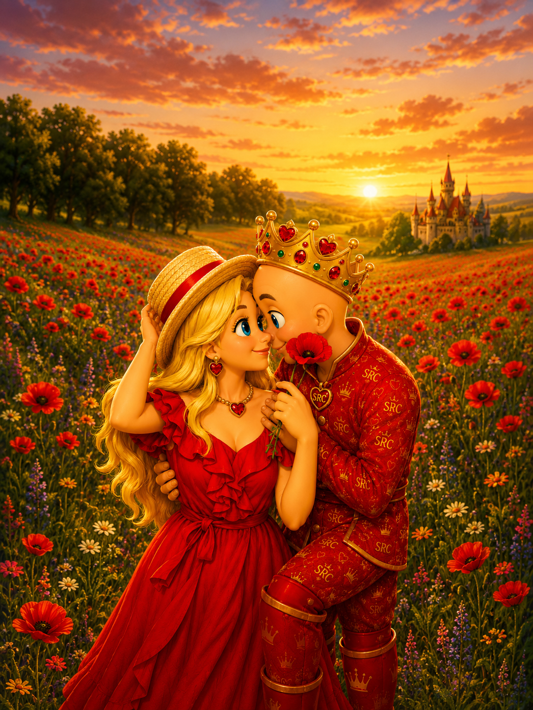 King Richie offering a flower to Queen Heidi in a poppy field at sunset