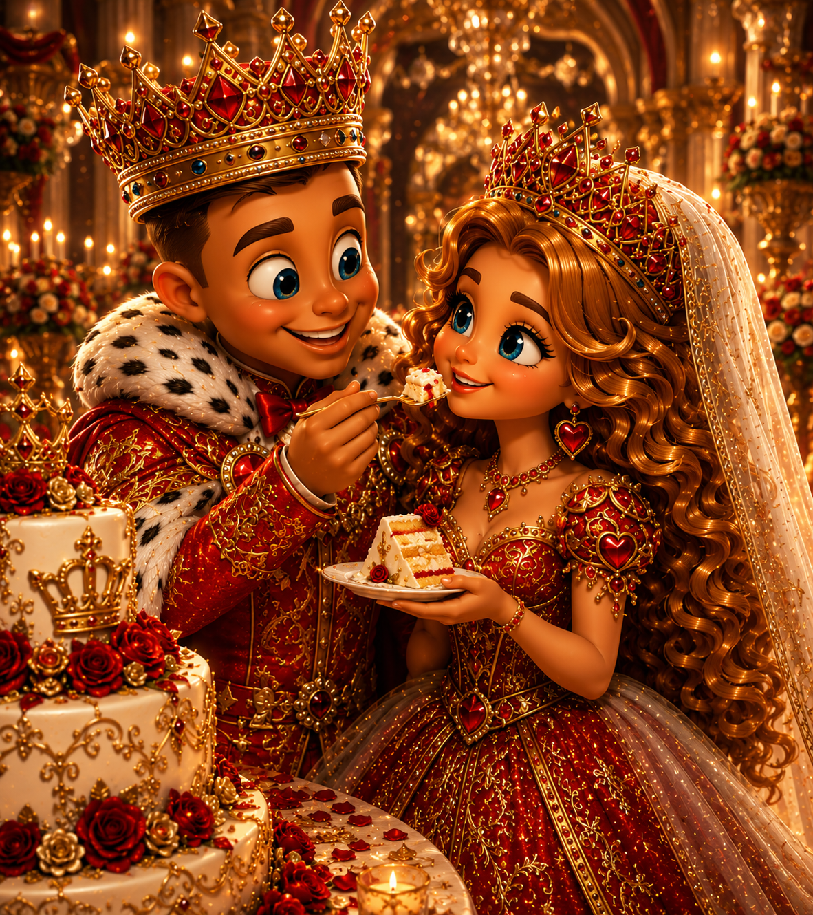 King Richie feeding Queen Heidi wedding cake